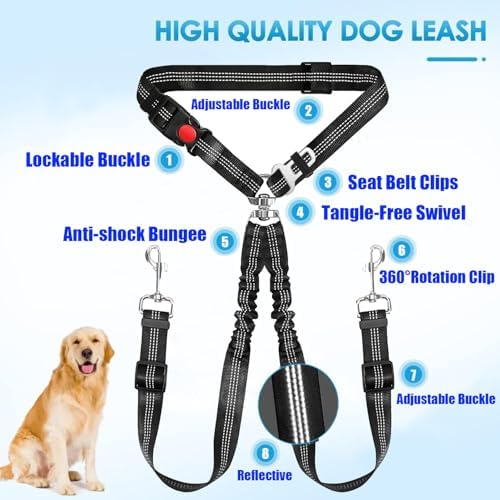 Double Dog Car Seatbelt No-Pull Bungee Reflective Black - Image 3