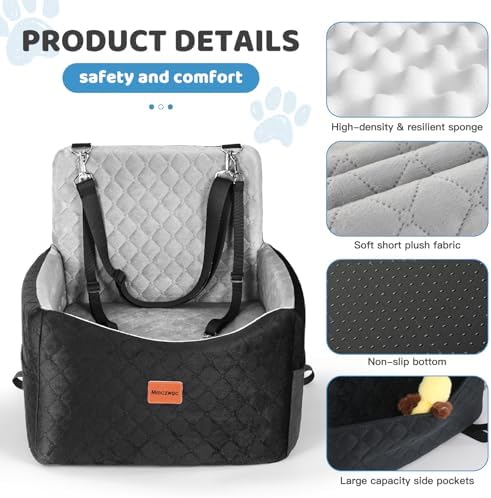 Dog Car Seat for Small Medium Dogs Up to 40 lbs – Dog Booster Seat with 6-Inch Memory Foam, Pet Car Seat with Removable Washable Cover, 3 Safety Belts & 2 Storage Bags (Black/Gray) - Image 3