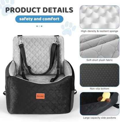 Dog Car Seat for Small Medium Dogs Up to 40 lbs – Dog Booster Seat with 6-Inch Memory Foam, Pet Car Seat with Removable Washable Cover, 3 Safety Belts & 2 Storage Bags (Black/Gray) - Image 3