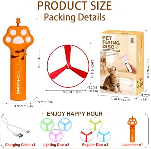 Cat Fetch Toy Disc Launcher, USB C Rechargeable Interactive Toy with 3 Soft Flying Discs, 3 Glow Discs, Electric Saucer Launcher for Indoor Cats, Hunting Exercise and Boredom Relief, Yellow - Image 5