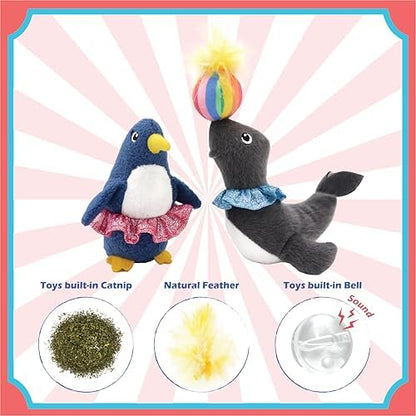Jumpaws 2 Pack Interactive Catnip and Feather Cat Toys, Circus Penguin and Seal Catnip Toys, Accessories for Indoor Cat, Catnip Plush Toys with Natural Feathers and Rattles - Image 2