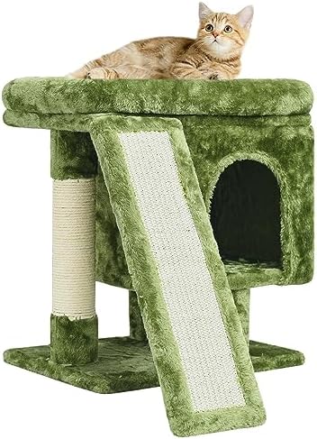 YANDLVY Small Cat Tower for Cats, Cute Cat Tree for Indoor Cats, Kittens Condo with Scratching Post and Board, Cat Cave, Modern Cat Activity House with Plush Perch (Green) by SYANDLVY