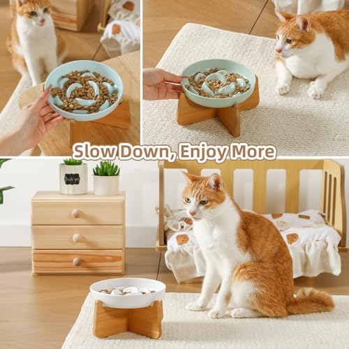 Elevated Slow Feeder Cat Bowl - Melamine Cat Food Plate with Anti-Slip Bamboo Stand - Whisker Friendly Feeding Bowl - Raised Maze Dish for Slow Eating - Ivory White - Image 6