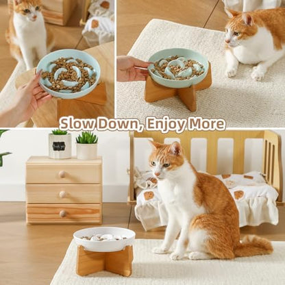 Elevated Slow Feeder Cat Bowl - Melamine Cat Food Plate with Anti-Slip Bamboo Stand - Whisker Friendly Feeding Bowl - Raised Maze Dish for Slow Eating - Ivory White - Image 6