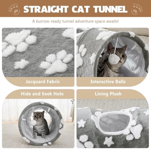 Straight Cat Tunnel for Indoor Cats 47"x12", Grey Paw - Image 2