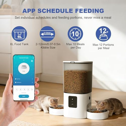 ANDOLL HOME 2.4G/5G Automatic Cat Feeder, 6L WiFi Cat Food Dispenser with 10s Voice Recorder, Double Bowl Pet Feeder up to 10 Meals per Day, Timed Feeder with Dry Food Sealed Ring (White) - Image 2