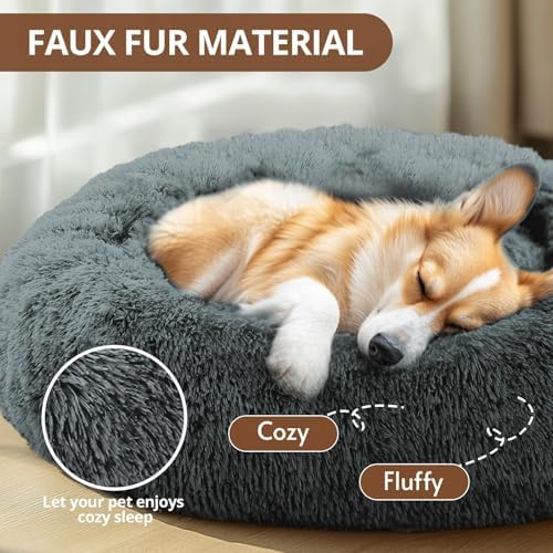 JOLLYVOGUE Calming Small Dog & Cat Bed for Indoor Cats - 20 inches Washable Donut Bed for Kittens & Puppies, Anti-Anxiety Round Fluffy Plush Pet Beds (Fits up to 15 lbs, Navy Grey) - Image 2