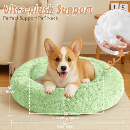 JOLLYVOGUE Calming Dog Bed for Small Dogs - 23 inches Donut Washable Small Dog Bed for Kittens & Puppies, Anti-Slip Round Fluffy Plush Faux Fur Cat Beds (Fits up to 25 lbs Pets, Light Green) - Image 4