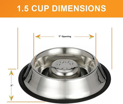 Neater Pet Brands Stainless Steel Slow Feed Bowl - Non-Tip & Non-Skid - Stops Dog Food Gulping, Bloat, Indigestion, and Rapid Eating (1.5 Cup)