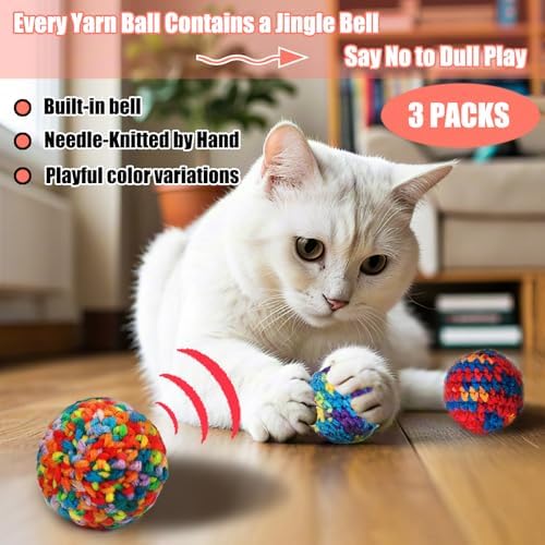 Cat Ball with Bell 3 Jingle Bell Ball & 3 Soft Pom Pom Balls Interactive Kitten Toys for Hunting Kicking, Handmade Small 1.8” & Large 2.1” for Cats Kittens 6 Pack - Image 3