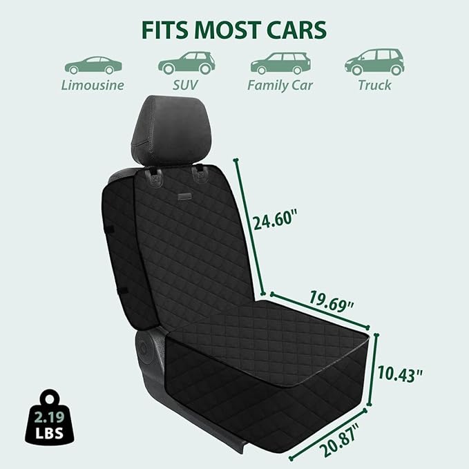 FURHAB Dog Car Front Seat Cover with Side Flaps & Buckle Straps for Pet, 100% Waterproof 600D Oxford Single Seat Protector Heavy Duty Quilted Scratch Proof, Universal Size for SUV Truck, Black