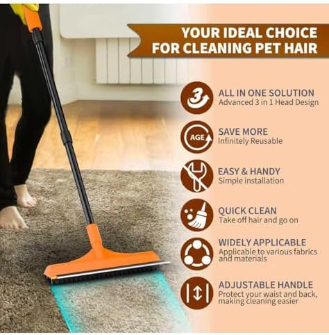 Carpet Rake for Pet Hair Removal - Reusable Dog & Cat Hair Remover with 58" Reinforced Steel Handle, 3-in-1 Professional Modular Rug Rake & Scraper Tool for Shag Rugs, Couch, Stairs (Orange) - Image 6
