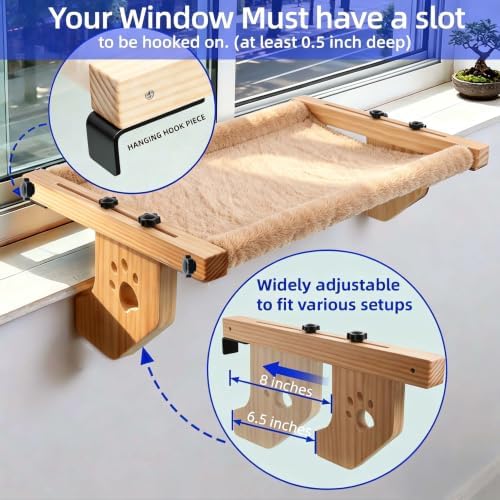 ESPETS Wooden Cat Window Bed for Large Cats, Khaki Cat Window Perch Hammock - Image 3