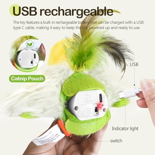 Migipaws Cat Toys,Interactive Lifelike Amakihi Flying Flapping Bird with Catnip, Feathers Hanging by Elastic String, Automatic Chirping Kitten Toys for Indoor Cats Self Play, Rechargeable(Green) - Image 6
