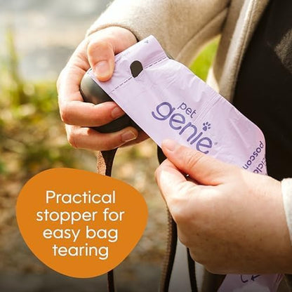 Pet Genie - On-the-Go Dog Poop Bag Dispenser for Leash - Compact & Easy to Use Device for Pet Supplies with 2-Point Secure Attachment, Includes 1 Roll (15 count) of Scented Poop Bags, (Lavender Scent)