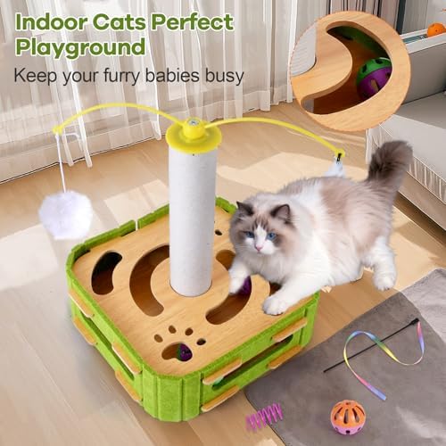 5-in-1 Cat Puzzle Box Toy for Indoor Cats Boredom Relief Interactive Wooden Cat Enrichment Maze with Balls, Feather Wands & Spiral Springs, Slow Feeder Treat Dispenser for Kittens & Adult Cats - Image 2