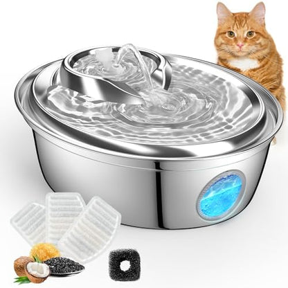 ORSDA Cat Water Fountain Stainless Steel, Automatic Pet Water Fountain, 67oz/2L Drinking Fountain Dog Water Dispenser with Water Level Window for Cats and Small Dogs- 3 Filters +1 Pump Sponges (D36) by ORSDA