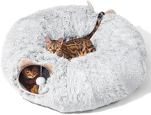 Cat Tunnel with Cat Bed for Indoor Cats, Under Christmas Tree Soft Plush Peekaboo Cat Cave Donut Tunnel, Multifunctional Playground Toys Hideplace for Kittens, Rabbit, Ferret (Grey) by ZVBEK