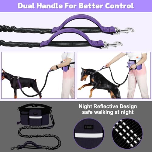 ETACCU Heavy Duty Hands Free Dog Leash with Zipper Pouch Waist Belt for Large Medium Dogs for Running, Walking, Jogging and Hiking, Dual Padded Handles and Durable Bungee (1 Dog Purple) - Image 5