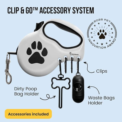 Award-Winning Retractable Dog Leash for Large and Extra Large Dogs (Max 110 lbs) Clip & Go System, Reflective Tape and Ergonomic Handle Includes Clips Poop Bag Holder and Dispenser, White