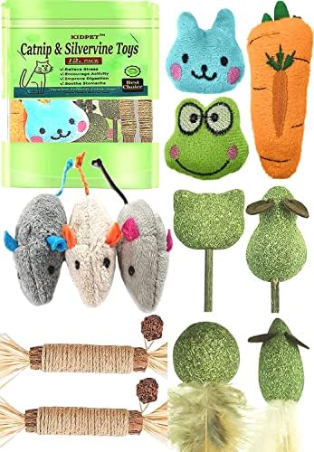 12 Pack Catnip Toys for Cats, Silvervine Sticks, Catnip Balls, Cat Nip Mice, Kicker Toys, Silver Vine Organic Chew Toys, Kitten Teething Toy,Interactive Enrichment (Green) by Kidpet