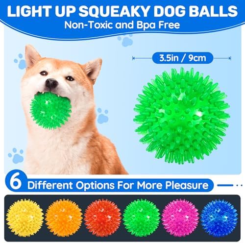 6 Pack 3.5" Light Up Squeaky Dog Toy Balls, Spiky Dog Balls for Small,Medium Large Dogs - Image 2