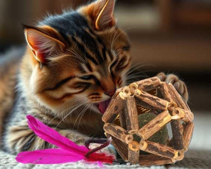 Natural Silvervine Catnip Ball, Feather and Bell Attached, for Indoor Cats, Cleaning Teeth Matatabi Cat Chew Toy. All Kitten Breeds.
