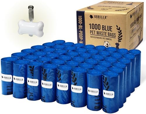 GORILLA SUPPLY 1000 Dog Poop Waste Bags with Dispenser and Leash Tie, 9" x 13", Blue, 1000 Count by Gorilla+Supply