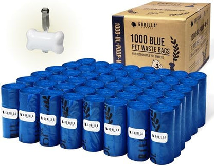 GORILLA SUPPLY 1000 Dog Poop Waste Bags with Dispenser and Leash Tie, 9" x 13", Blue, 1000 Count by Gorilla+Supply