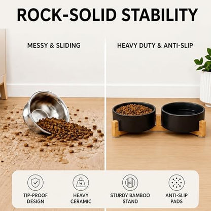 SPUNKYJUNKY Ceramic Dog and Cat Bowl Set with Wooden Stand, Modern Cute Weighted Food Water Set for Small Size Dogs (13.5OZ) & Medium Sized Dogs (28.7OZ) & Cats (1.7 Cups, 2 × Black) - Image 3
