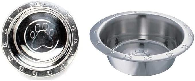 MPP Dog Bowls Pawprint Bone Embossed Pet Wide Rim Dishes Stainless Steel Choose Size (96 oz - 3 Quart)