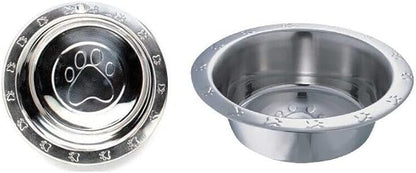 MPP Dog Bowls Pawprint Bone Embossed Pet Wide Rim Dishes Stainless Steel Choose Size (32 oz - 1 Quart)
