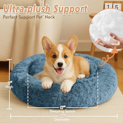 JOLLYVOGUE Calming Dog Bed Medium Size Dog, Anti-Anxiety Donut Medium Pet Bed, 27 inches Fluffy Faux Fur Round Cat Bed (Blue) - Image 5