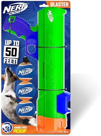 Nerf Dog Tennis Ball Blaster Dog Toy Gift Set, Tennis Ball Dog Fetch Toy Launches up to 50 ft, Dog Ball Thrower for All Breeds Includes Green Tennis Ball Launcher and 3 Dog Tennis Balls by GramercyProductsInc