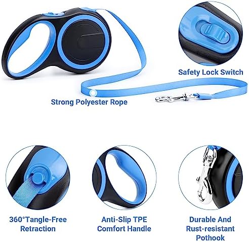 Segarty Dog Leash Retractable, 16ft Heavy Duty Walking Dog Leash for Medium Small Dogs up to 44lb, Anti-Slip Handle 360°Tangle-Free Nylon Tape, One-Handed One Button Lock and Release (Blue) - Image 3