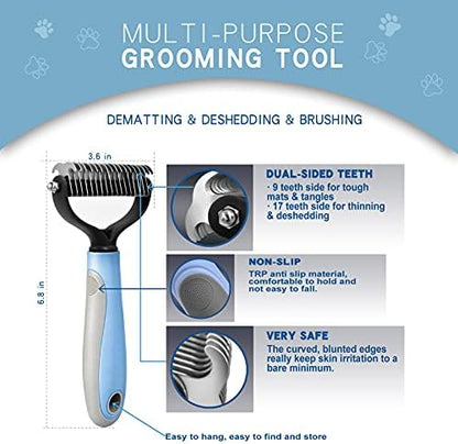 GOESWELL Double-Sided Undercoat Rake for Pet Grooming - Shedding and Dematting Comb with Grooming Glove (Blue 2 Pack) - Image 2