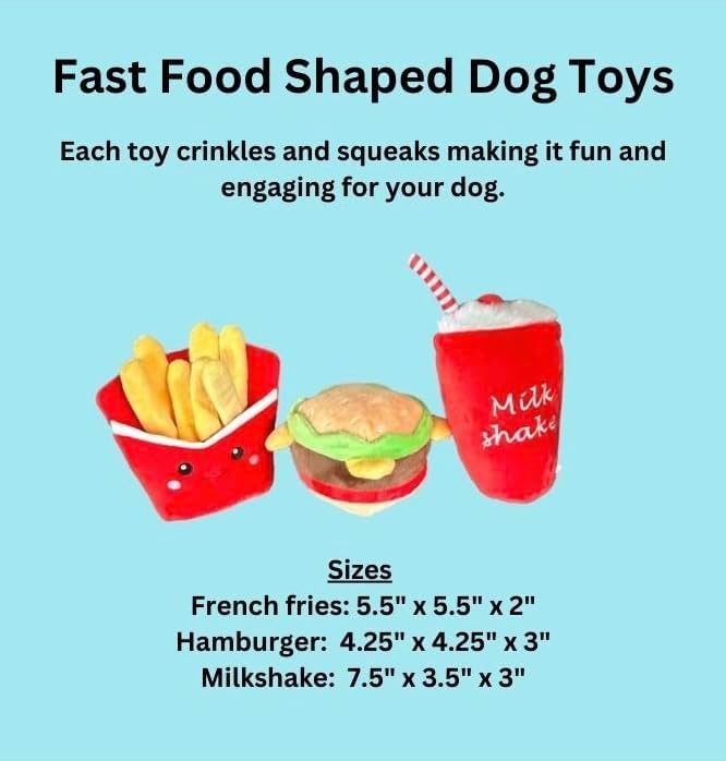 Glow Pups Dog Toys, Squeaky Plush Food Parody Dog Toy with Fun Fast Food Design, Durable Plush Material for Small to Medium Dogs (3 Pack: Hamburger, Fries, Milkshake) - Red