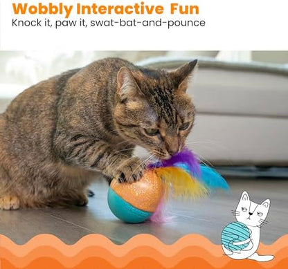 Catstages Whack N' Wobble Ball Intearctive Cat Toy, Weighted Ball with Feathers, Bell, Glitter Fabric & Catnip Oil, Turquoise - Image 2