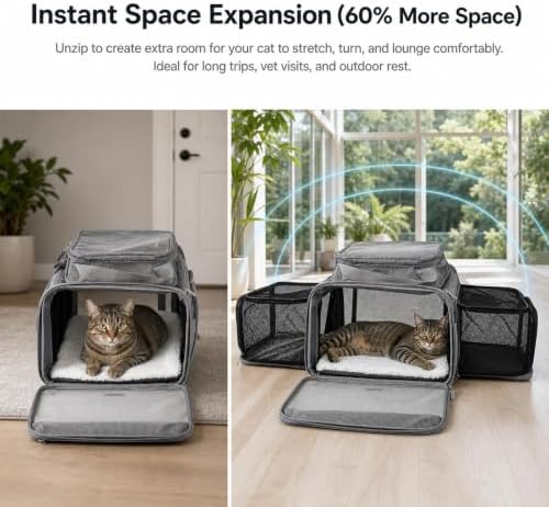 Cat Carrier Soft Sided, Expandable Pet Carrier for Medium Small Pets, Collapsible Travel Carrier with Hard Shell, 360° Panoramic Mesh, Washable Waterproof Pad | – 17.3×13.8×9.4 (Black) - Image 3