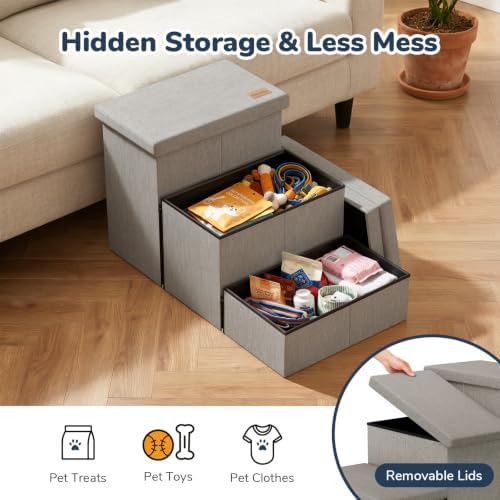 3-Step Wide Dog Stairs 18" H with Removable Cover, Non-Slip Storage Pet Steps for High Bed Couch, Pet Stairs for Small/Medium/Large Old Dogs Puppy Up to 200lbs, Cat Dog Steps for Car, Grey - Image 3