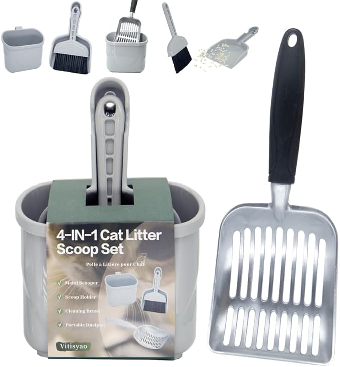 4-in-1 Cat Litter Scoop with Holder, Cat Litter Box Organizer Cleanup Kit - Sweeper & Dustpan, Aluminum Kitty Litter Scooper and Storage Caddy (Black)