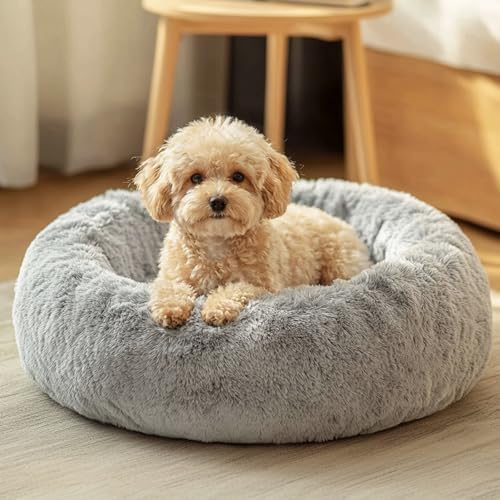 JOLLYVOGUE Small Dog Bed, Calming Dog Beds for Small Dogs & Indoor Cats - 20 Inches Donut Washable Cat Bed for Kittens & Puppies, Round Fluffy Plush Faux Fur Pet Beds(Smoke Grey) by JOLLYVOGUE