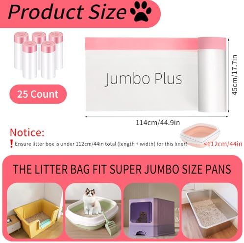 25 Count Jumbo Cat Litter Box Liners, Heavy Duty Cat Litter Bags, Extra Thick Litter Pan Liners with Drawstring for Pet Cat Litter Tray (45" x 18") - Image 2