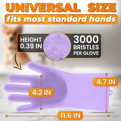 Cat and Dog Washing Gloves, 1 Pair, 11.6", Soft Silicone (Purple) - Image 2