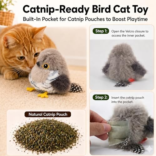 Flapping Bird Cat Toy, Cuckoo Plush Touch Activated Bird Chirp Cat Toy with Refillable Catnip, USB Rechargeable Interactive Kitten Exercise Toy,4.92"(No Flying) - Image 6