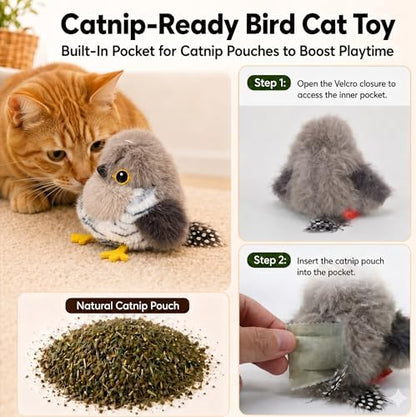 Flapping Bird Cat Toy, Cuckoo Plush Touch Activated Bird Chirp Cat Toy with Refillable Catnip, USB Rechargeable Interactive Kitten Exercise Toy,4.92"(No Flying) - Image 6