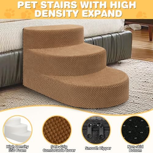 Dog Stairs 3 Steps Foam Pet Ramp for Small Dogs Cats, Khaki - Image 3