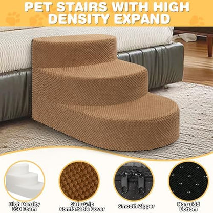 Dog Stairs 3 Steps Foam Pet Ramp for Small Dogs Cats, Khaki - Image 3