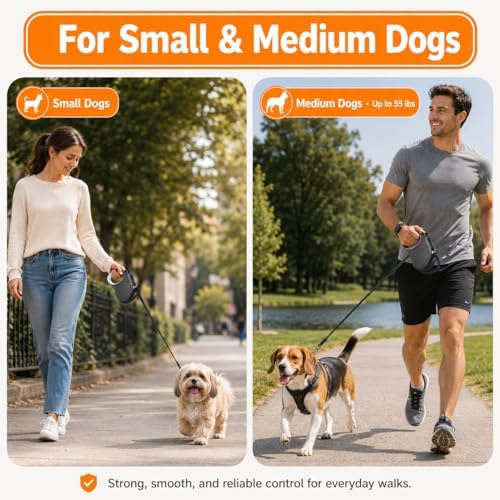 Retractable Dog Leash, 16 FT Strong Nylon Tape for Small and Medium Dogs up to 55 lbs, 360° Tangle-Free Design, One-Hand Brake & Lock with 3 Control Modes, Ergonomic Non-Slip Handle - Image 3