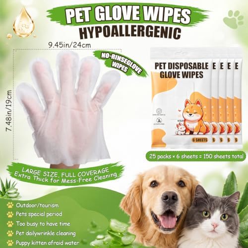 Irenare 6 Pack / 150 Pcs Pet Glove Wipes Bulk for Dogs and Cats, No-Rinse - Image 2